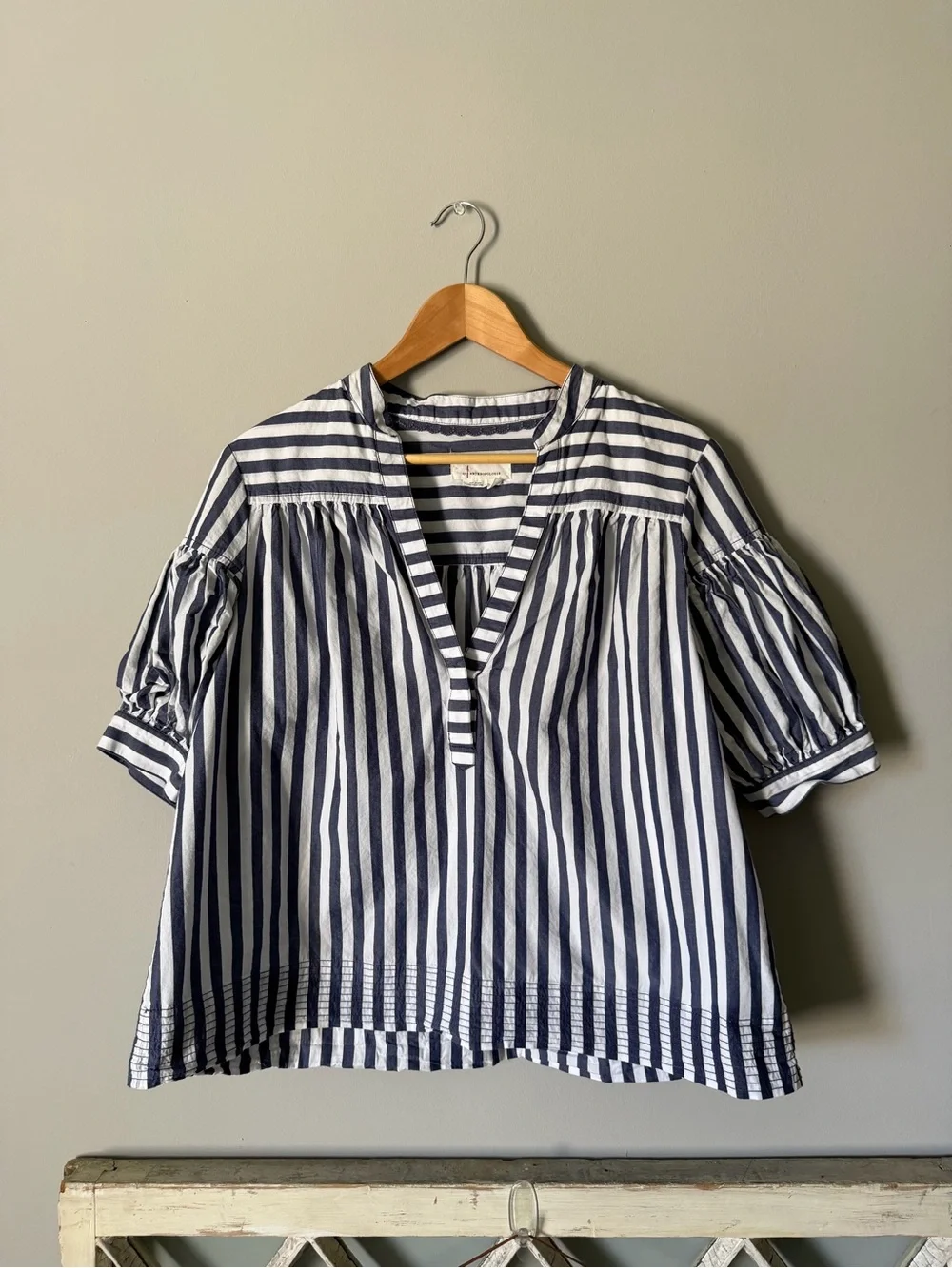 Anthropologie Navy & White Striped V-Neck Peasant Top